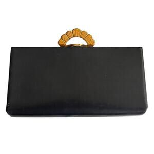 Vintage Evans 1920-40s Womens Clutch Leather Handbag Black Gold  Art Deco